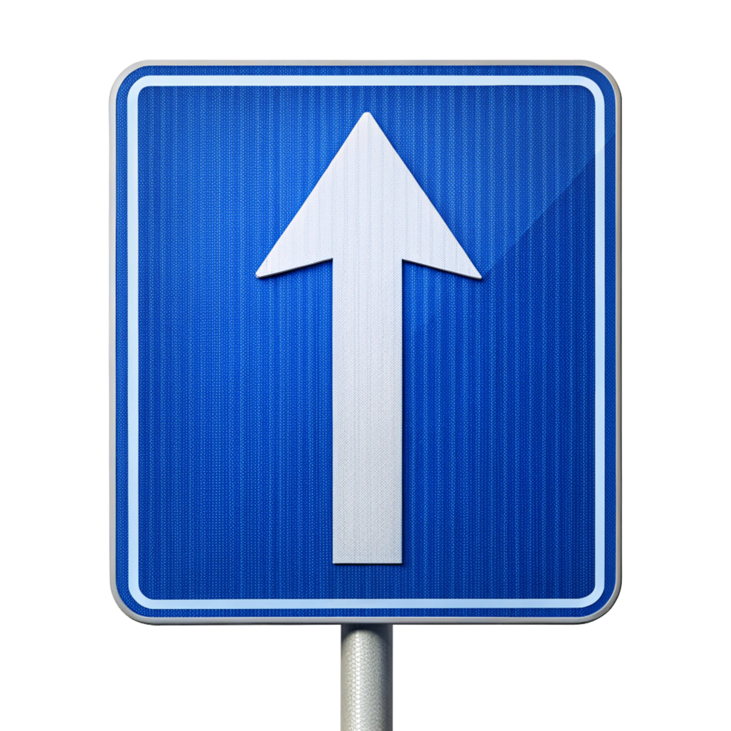 a blue road sign with an arrow on it