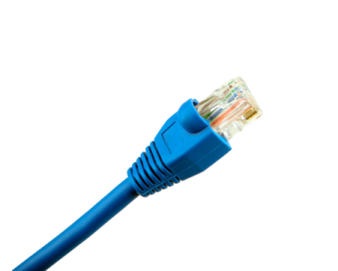 a blue ethernet cable on white background