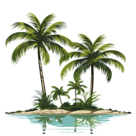 three palm trees on an island with water