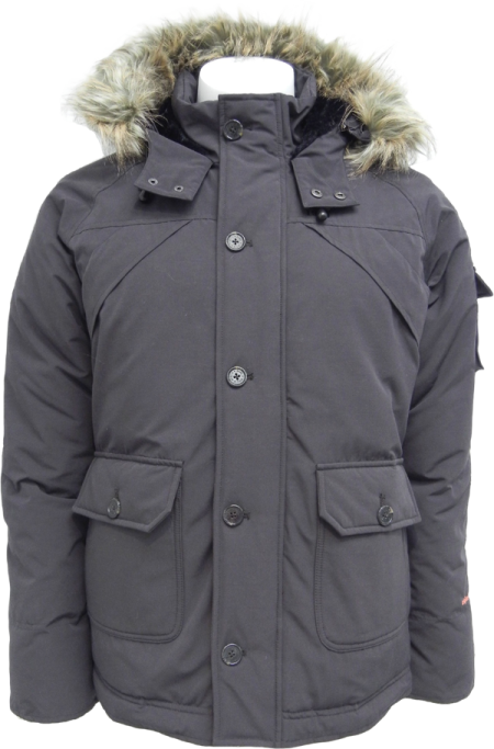 a black parka jacket with a fur hood
