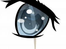 an eye with a long black hair and blue eyes