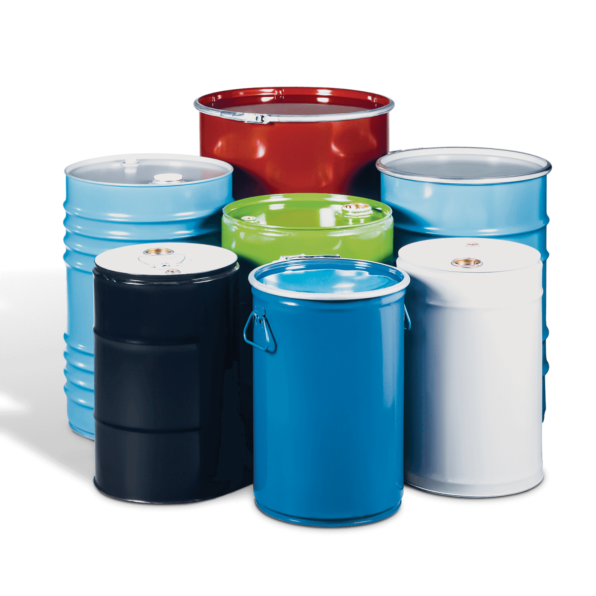a group of different colored plastic barrels