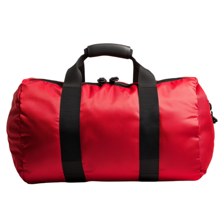 a red duff bag with black straps