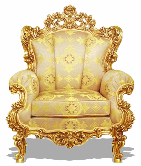 a gold colored chair with ornate carvings on it