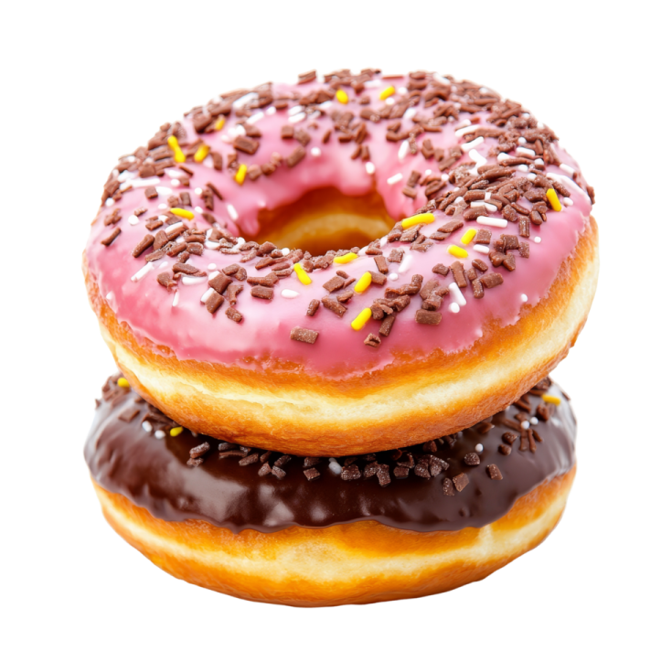 a close up of two donuts with pink frosting