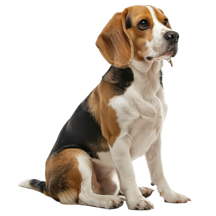 a brown and white dog sitting on a white background