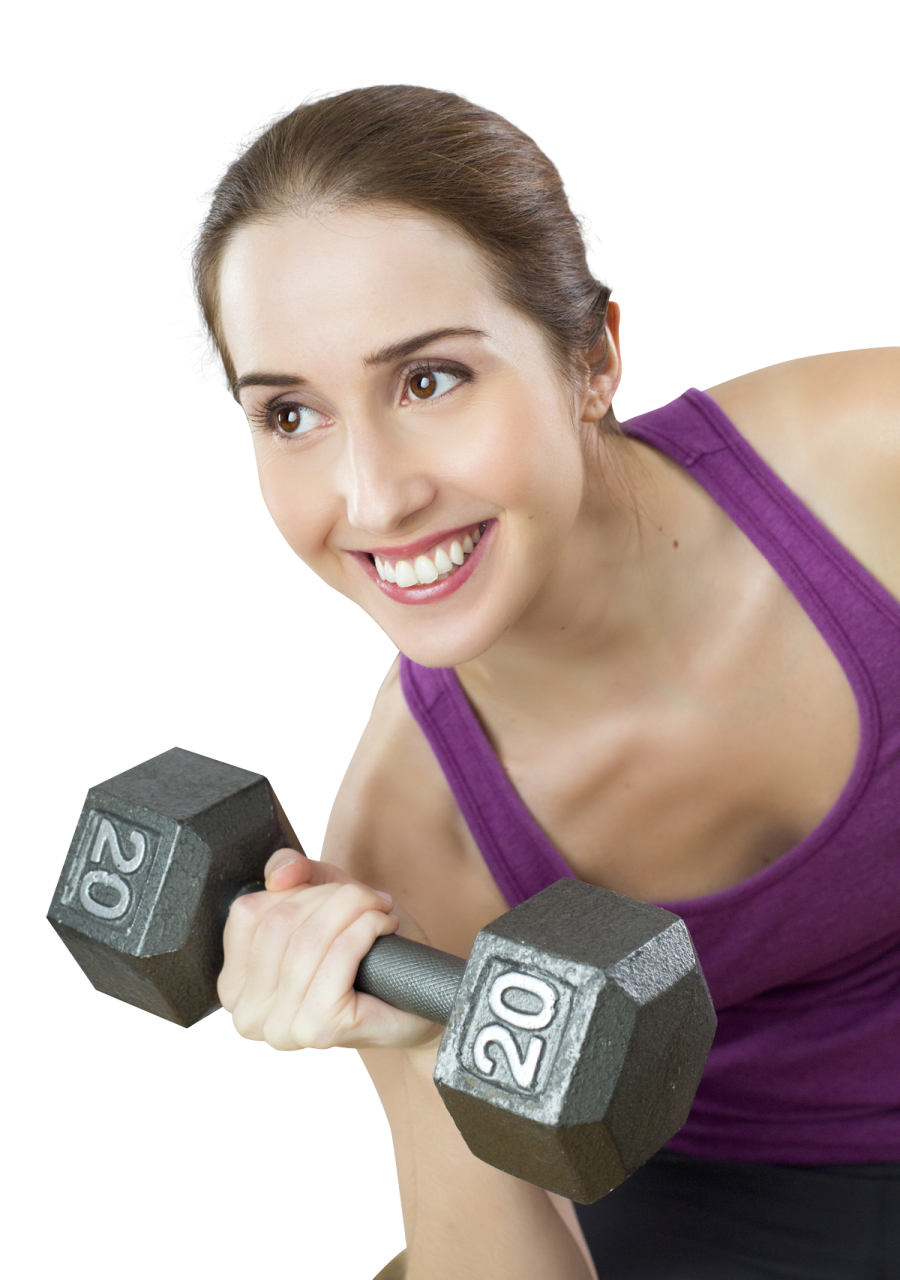 a woman is smiling while holding two dumbs