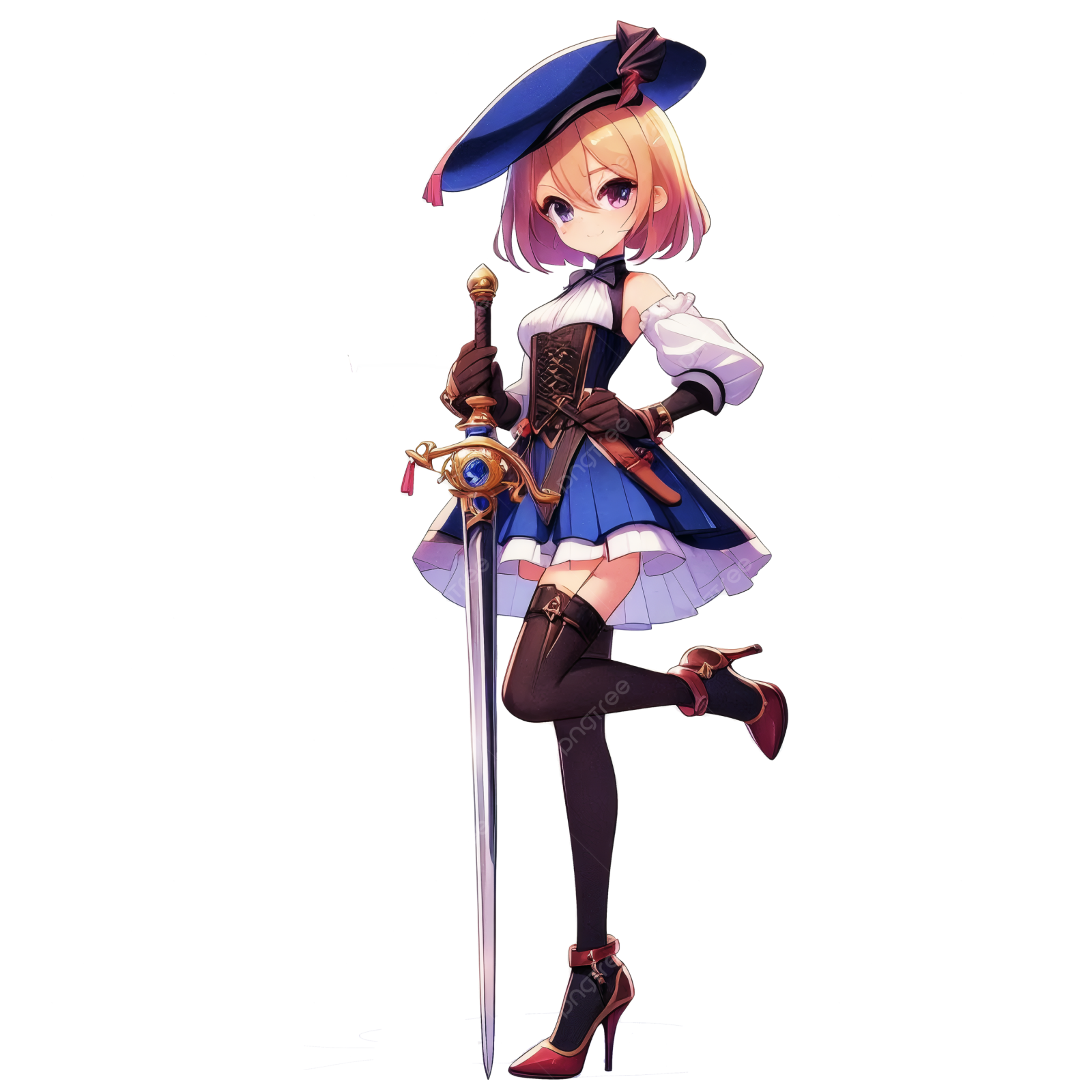 a woman in a blue dress and hat holding a sword