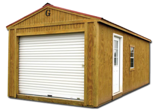 a wooden garage with white siding and red roof