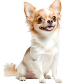 a small dog sitting down with its tongue out
