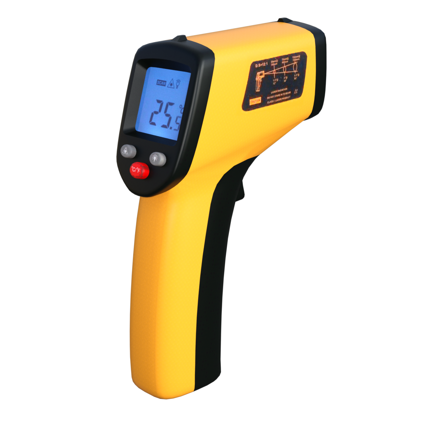 a yellow and black thermometer