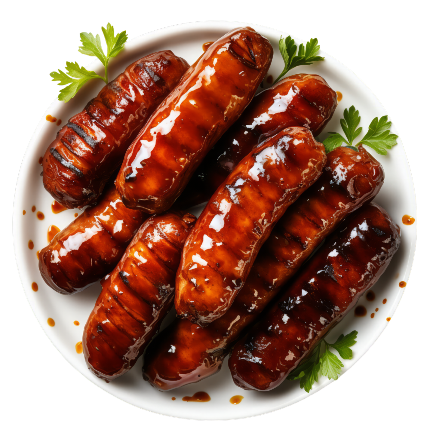 a white plate topped with grilled sausages covered in barbecue sauce