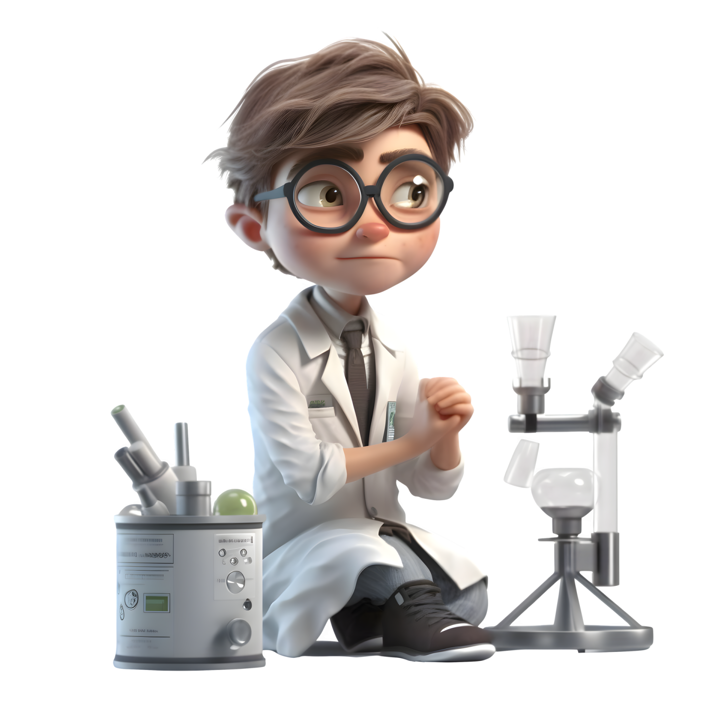 a cartoon scientist sitting on the floor next to a microscope