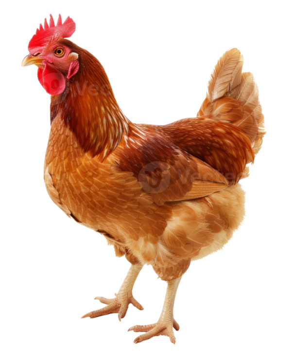 a brown and white chicken with a red comb