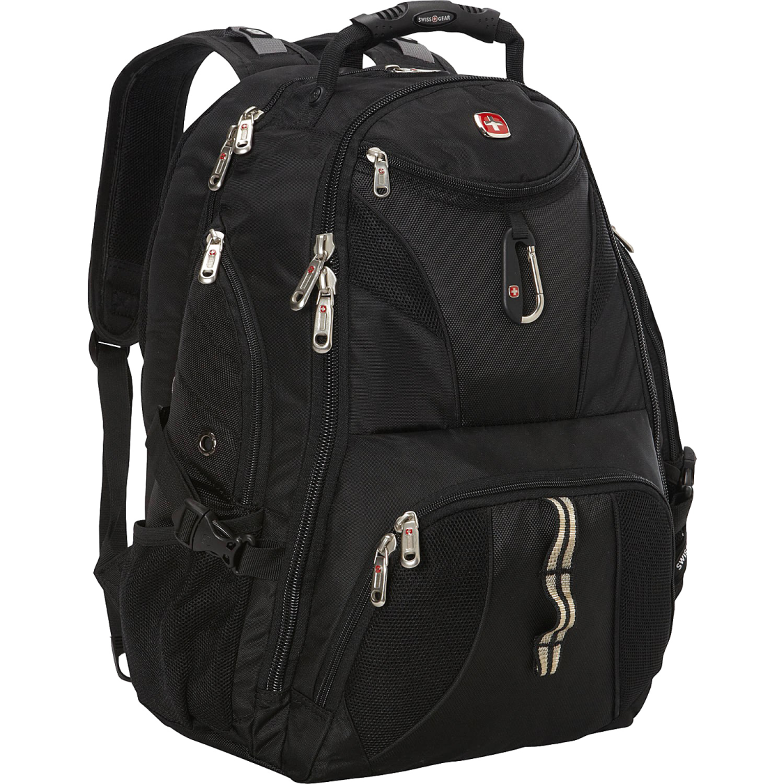 a black backpack with zippers on the front