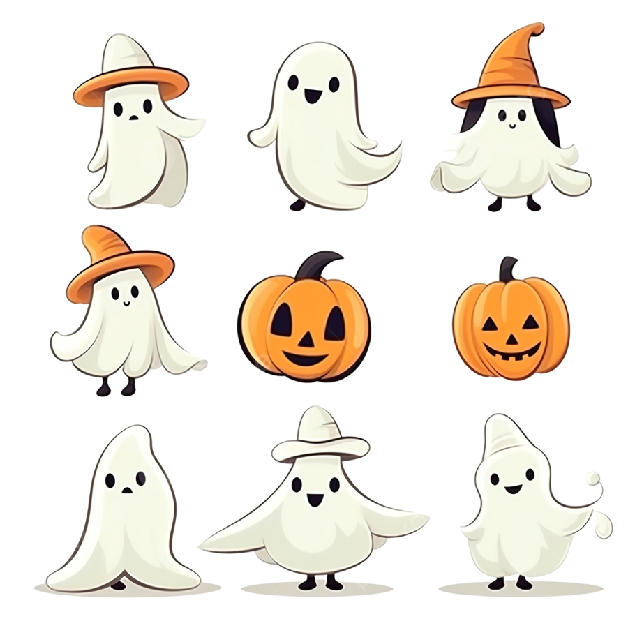 a set of halloween ghosts and pumpkins