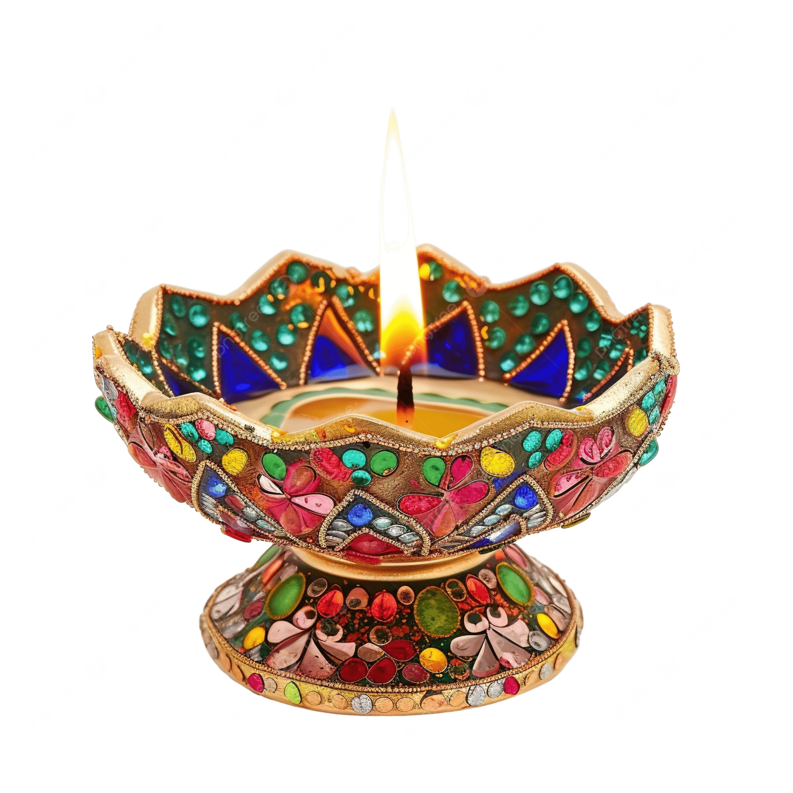 a colorfully decorated oil lamp on white background