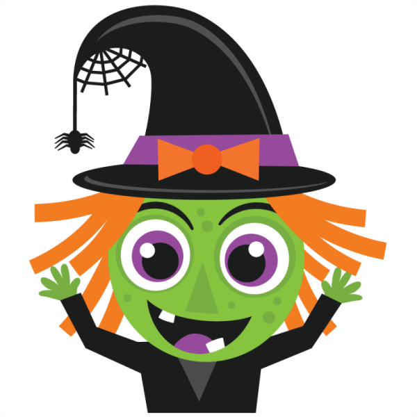 a green witch with a black hat and orange hair