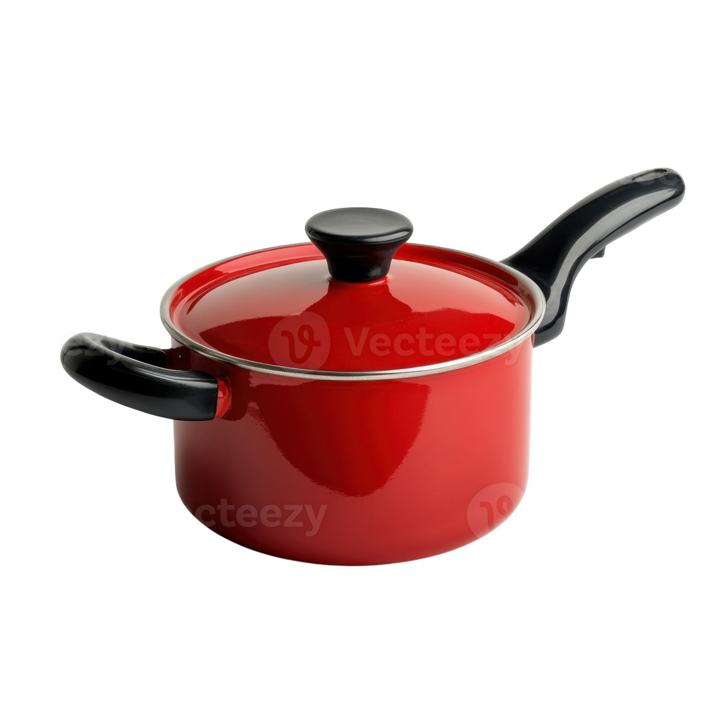 a red sauce pot with a black lid