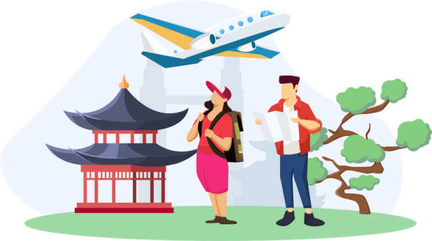 a man and woman standing in front of a pagoda with an airplane flying overhead