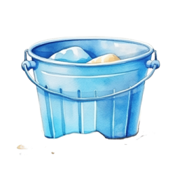 a blue plastic bucket filled with sand