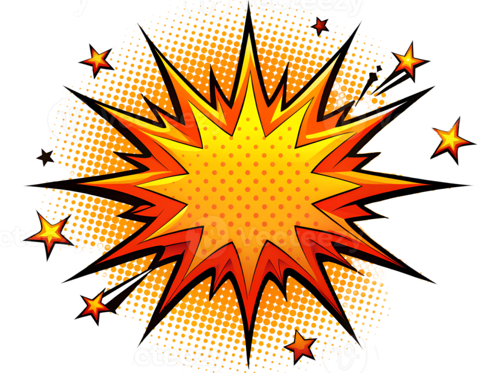 a yellow and red explosion with stars