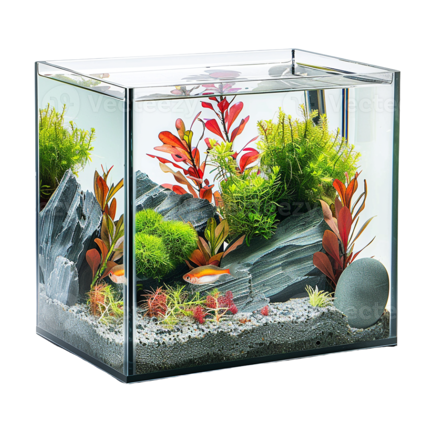 a fish tank filled with plants and rocks