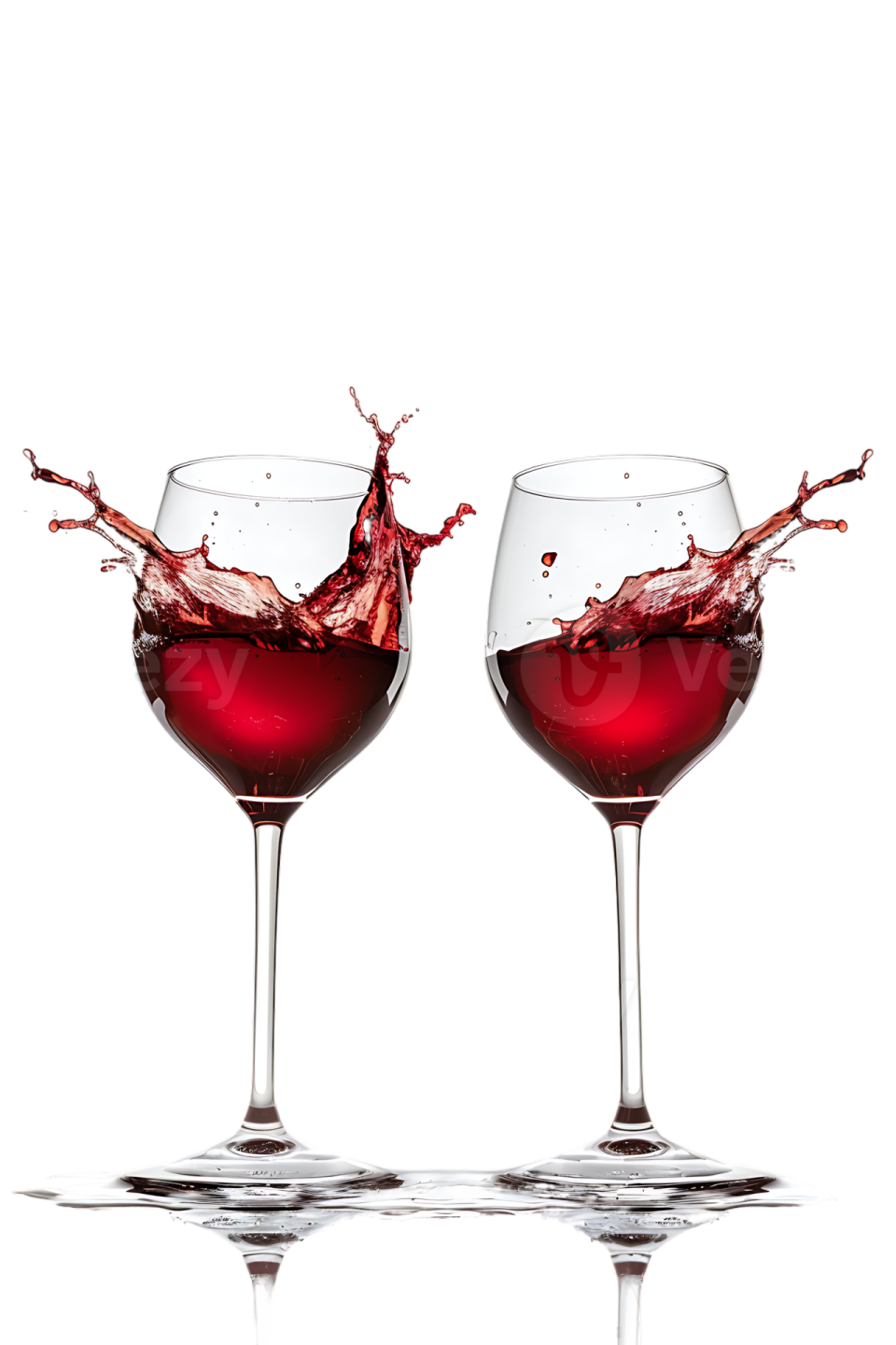two wine glasses with red wine splashing out of them