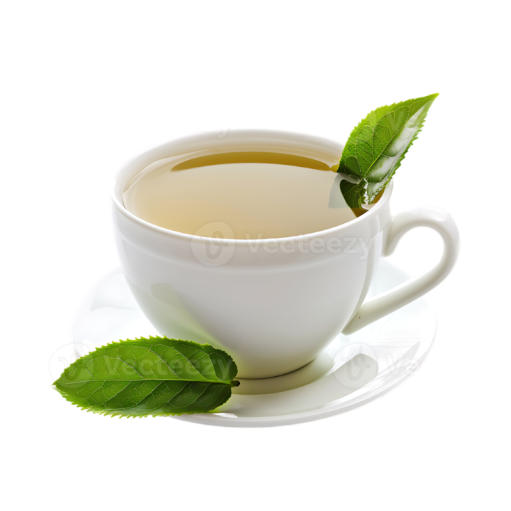 a cup of tea with green leaves on it