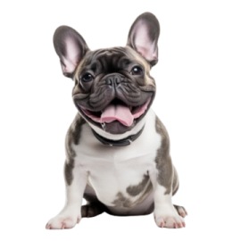 a small dog sitting down with its tongue out