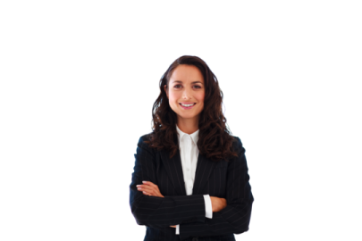 a woman in a suit standing with her arms crossed