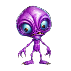 a purple alien with big eyes