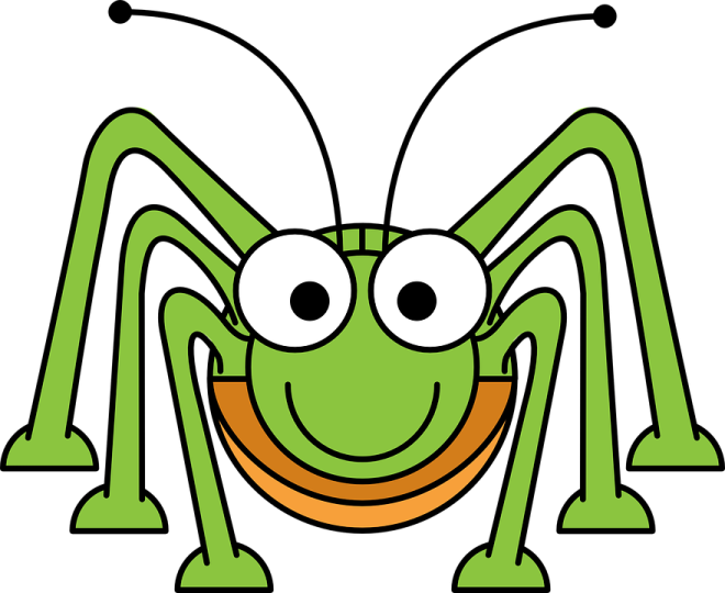 a green spider with a smile on its face