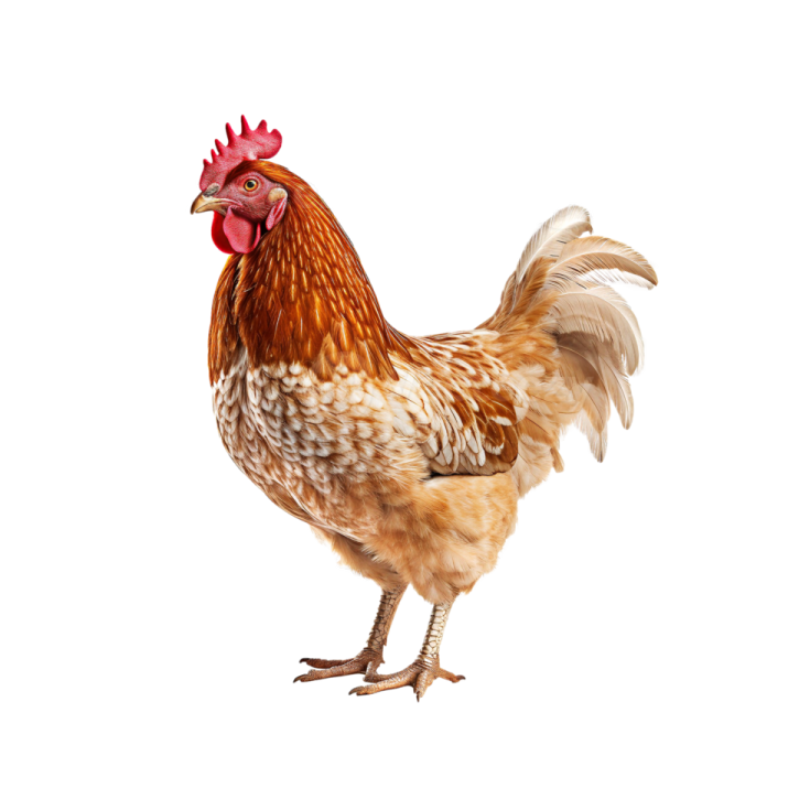 a brown and white chicken on a white background