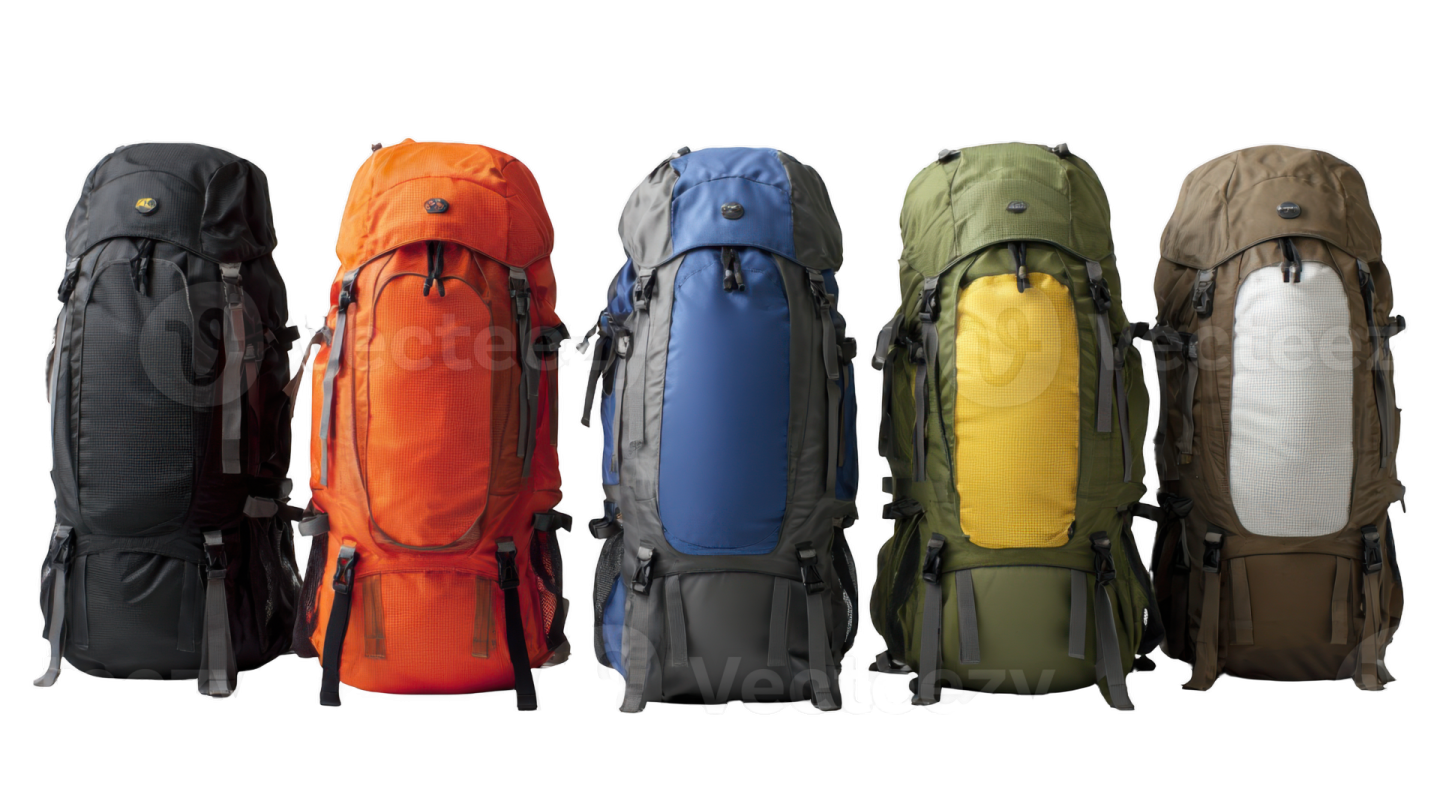 a row of different colored backpacks