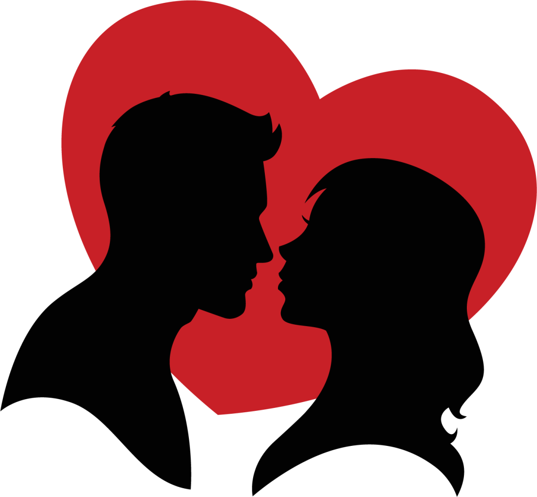 a silhouette of a man and woman with a heart in the background
