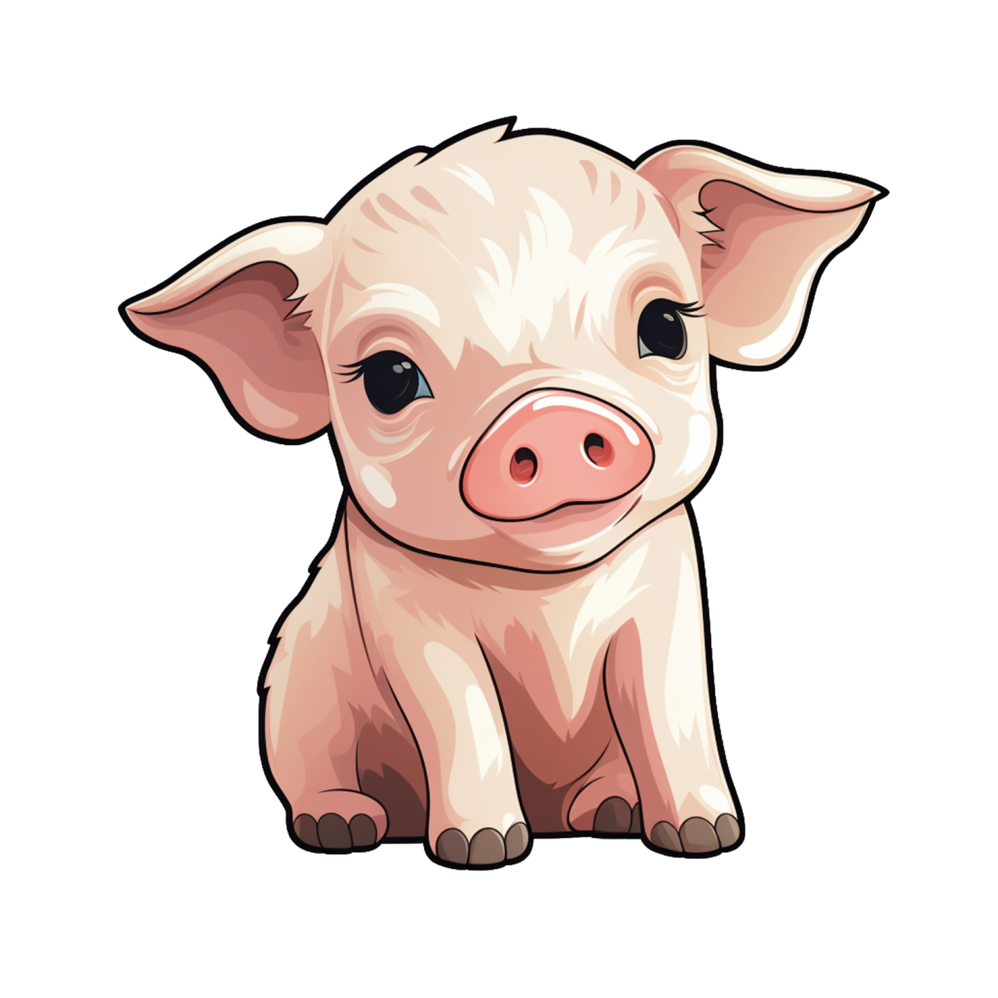 a small pig with big eyes sitting on the ground