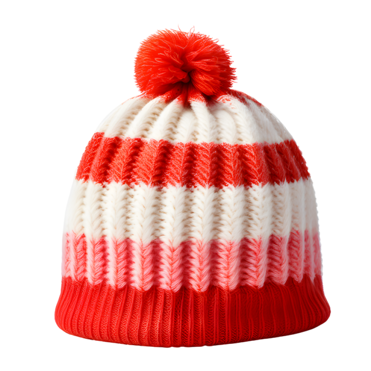 a red and white knit hat with a pom