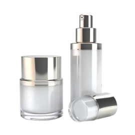 a set of three white glass bottles with silver lids
