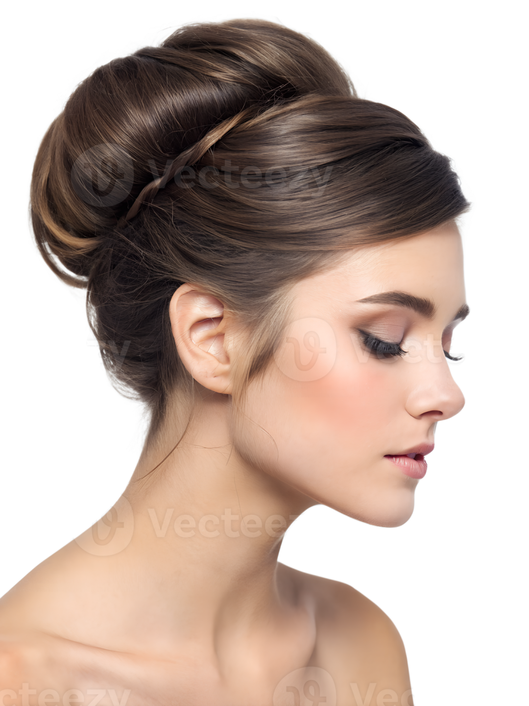 a woman with her hair in a bun