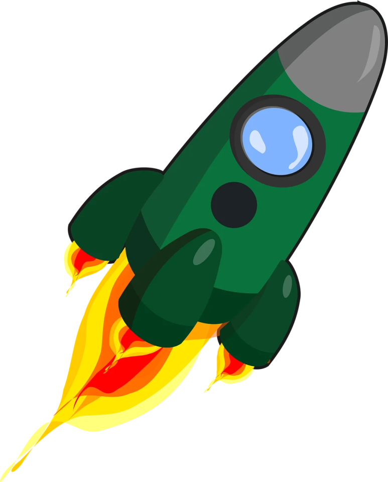 a green rocket with red and yellow flames