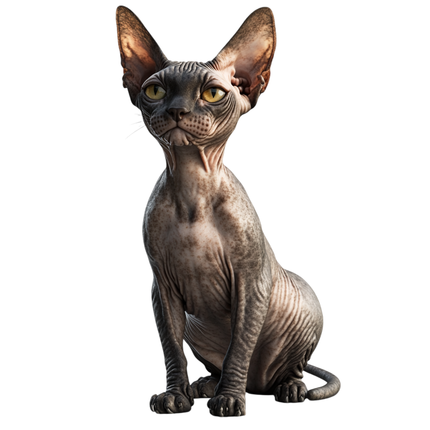 a hairless cat sitting on a white background