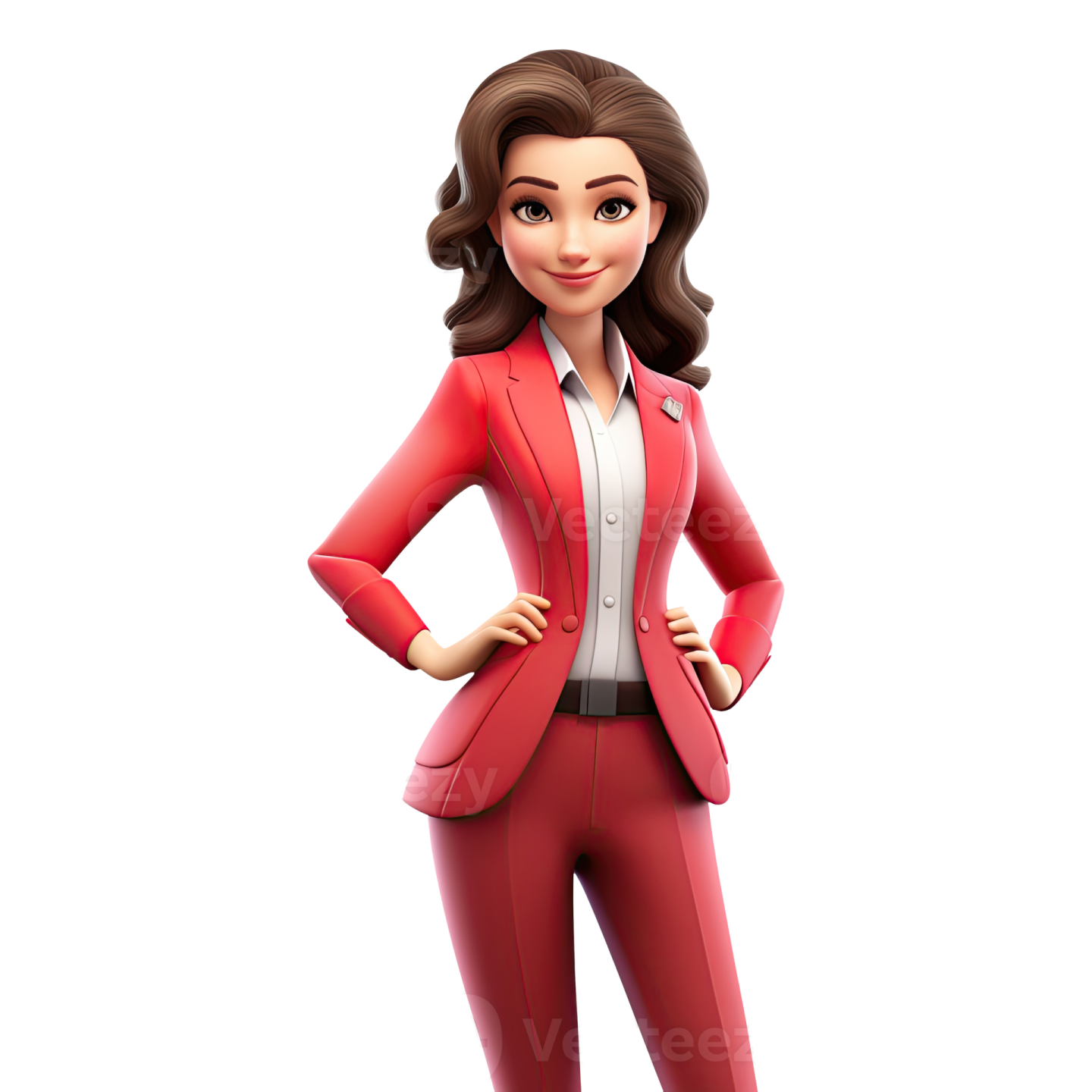 a woman in a red suit and white shirt, standing with her hands on her hips