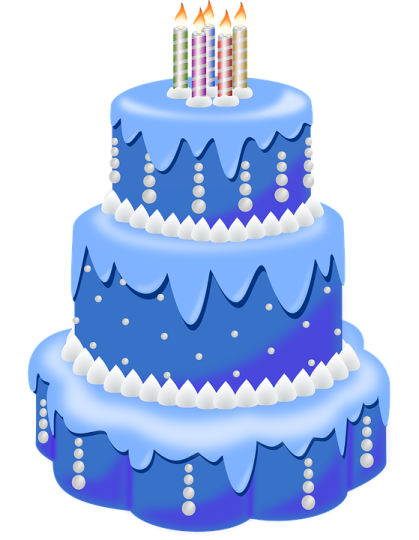 a blue cake with three candles on top