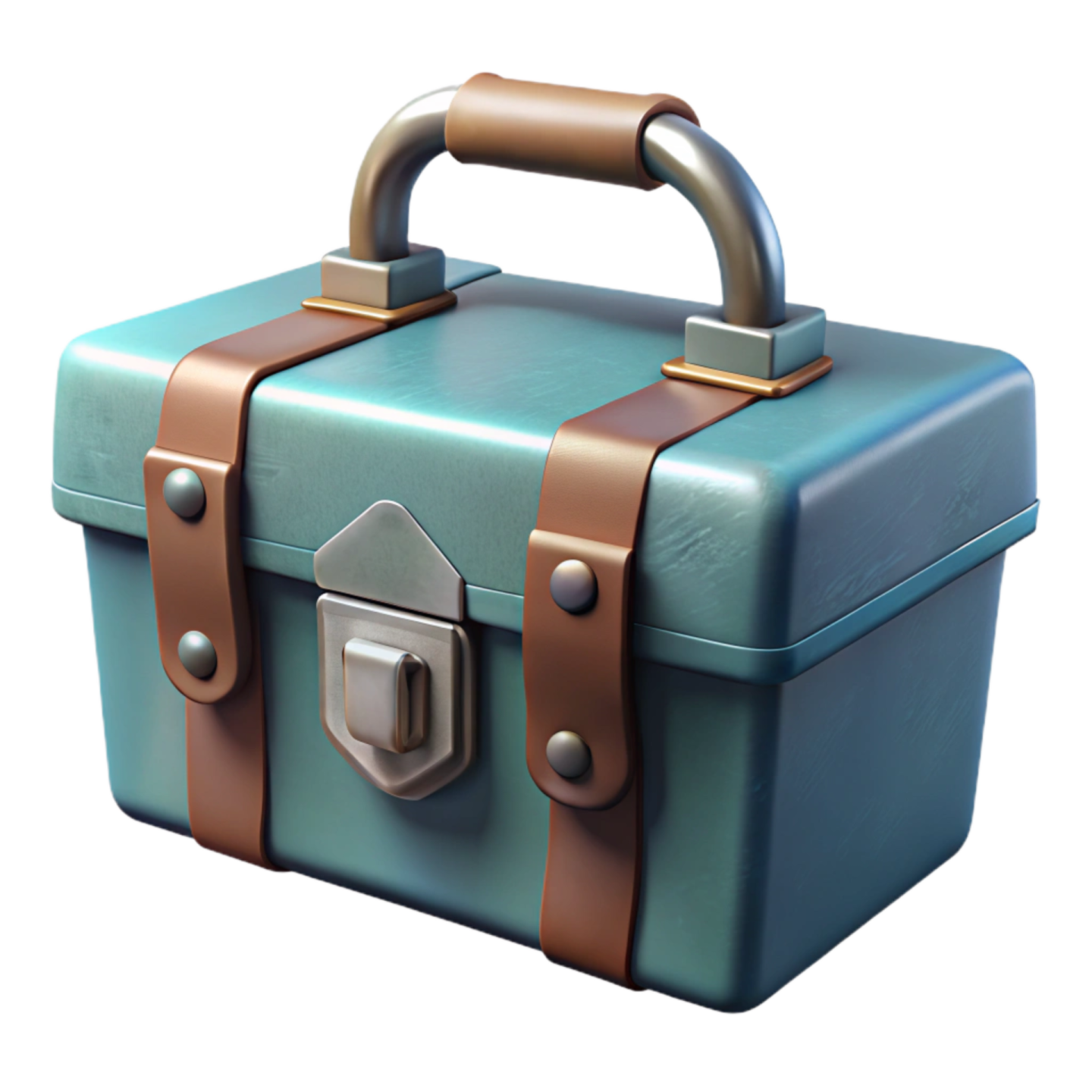 a blue and brown suitcase with leather handles