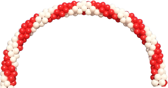 a red and white balloon arch