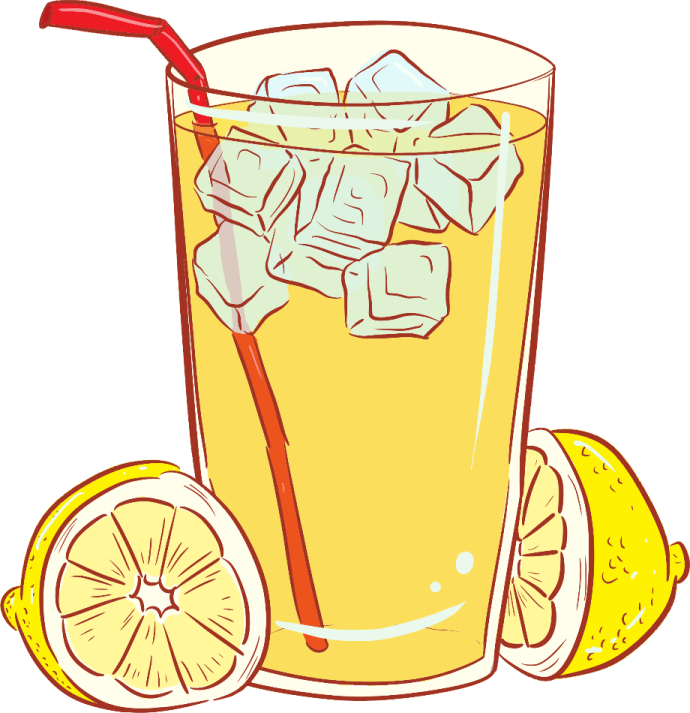 a glass of orange juice with ice and lemon slices