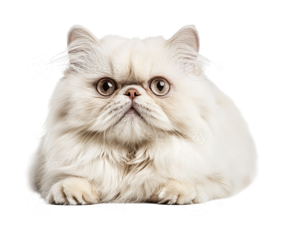 a white persian cat looking up at the camera