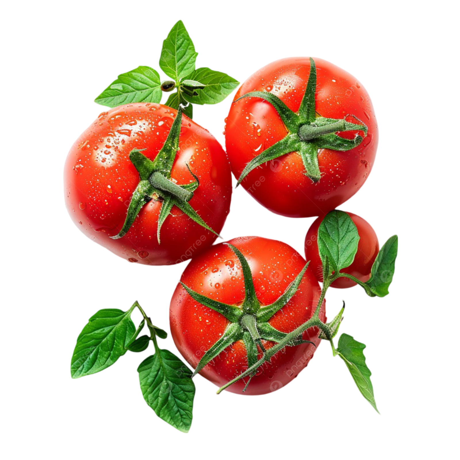 three tomatoes with green leaves on white background