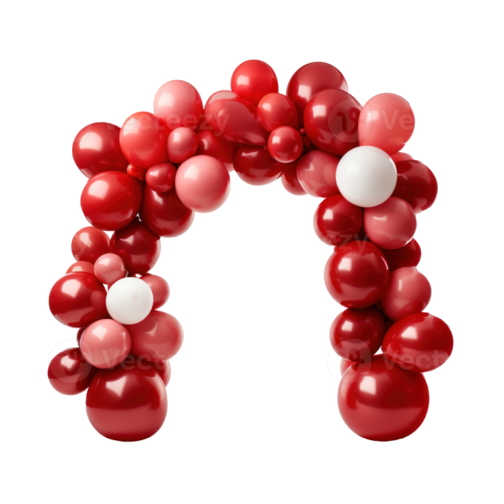 a red balloon arch with white balloons